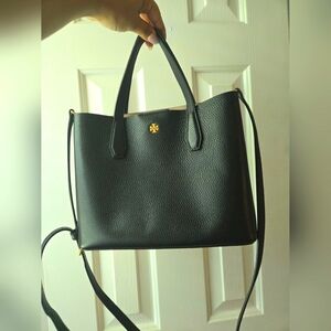 Tory Burch Black Pebbled Leather Crossbody Tote with Gold Logo
